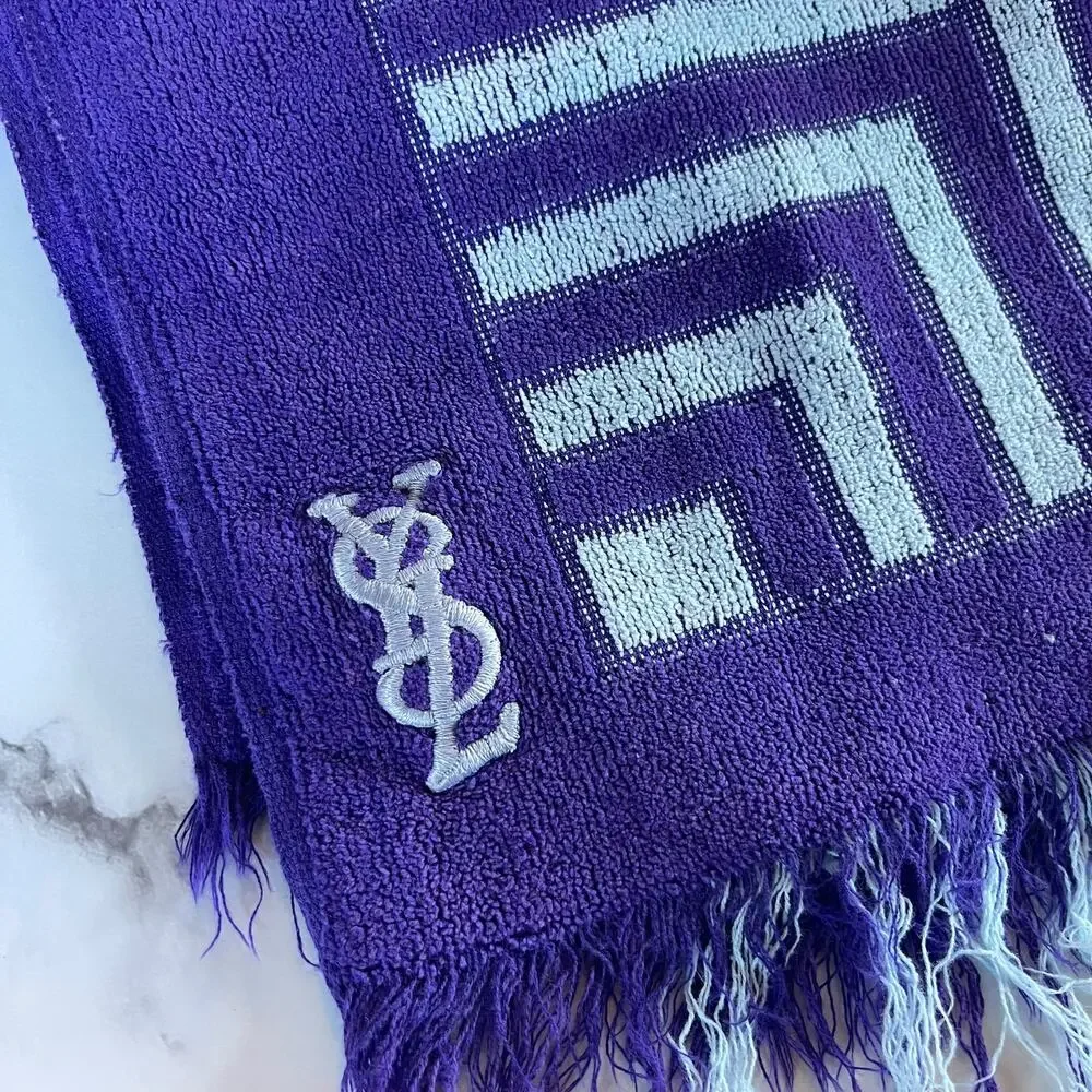 Vintage 1970s Yves Saint Laurent YSL Fieldcrest Purple Gray Geometric Bath Towel